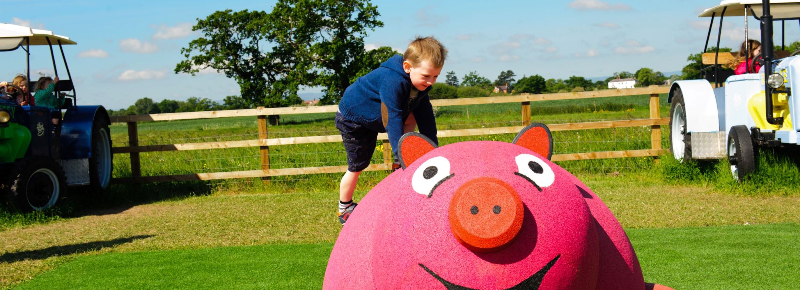 Young child climbing on a 3D climbing frame made to look like a pig.